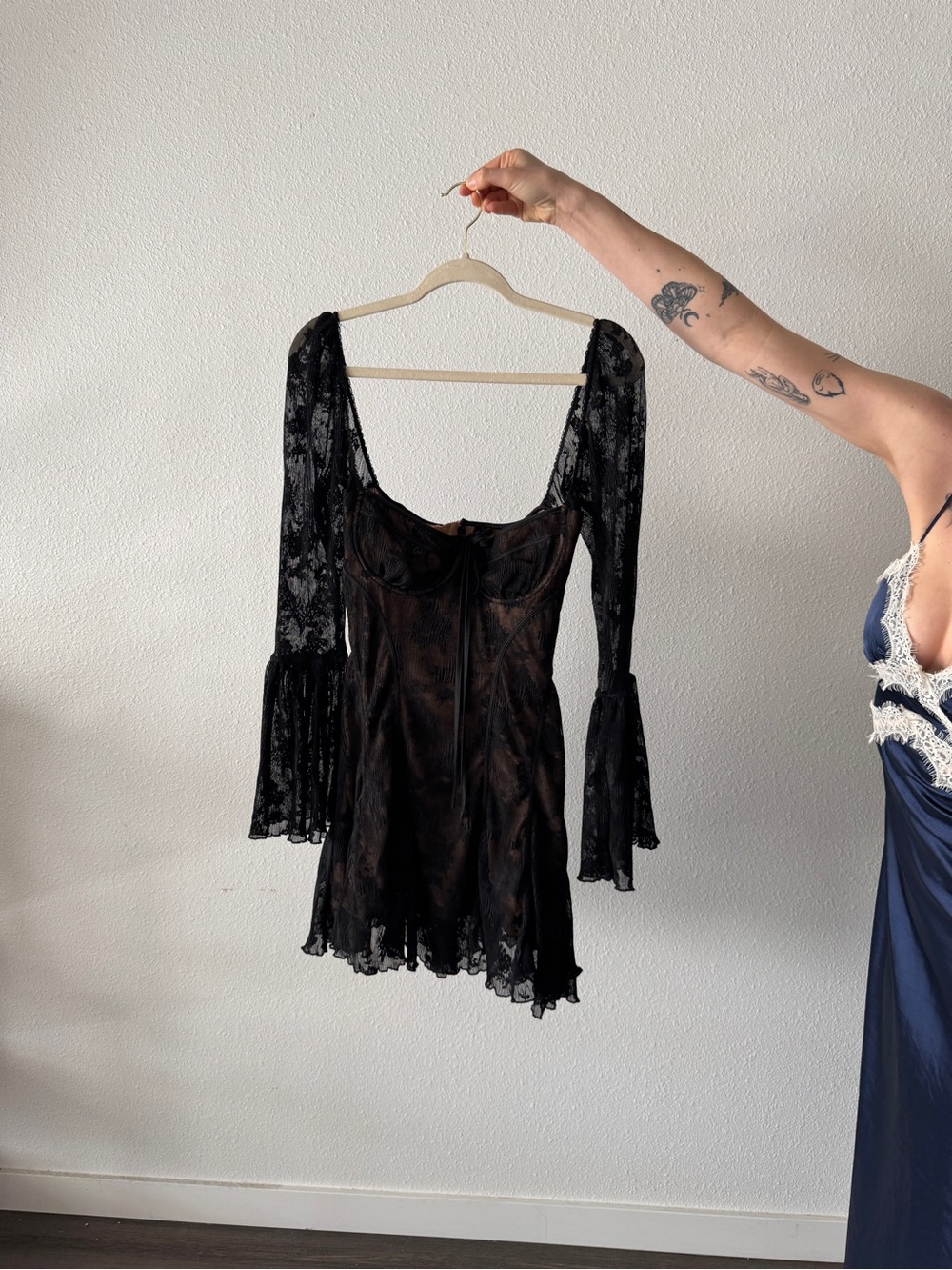 House of CB Black Lace Long-Sleeve Slip Dress